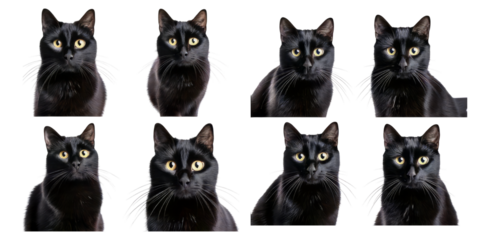 Multiple Close-up Portraits of Black Cat with Striking Eyes, Isolated on Transparent, white background