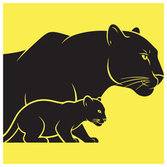 Black panther mother and cub in silhouette style on a bright yellow background