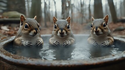 Three curious squirrels peek over edge of water bowl in autumn forest setting, creating whimsical wildlife scene with synchronized poses and expressions.