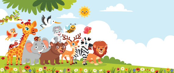 Fototapeta premium Cartoon Animals Posing At Forest