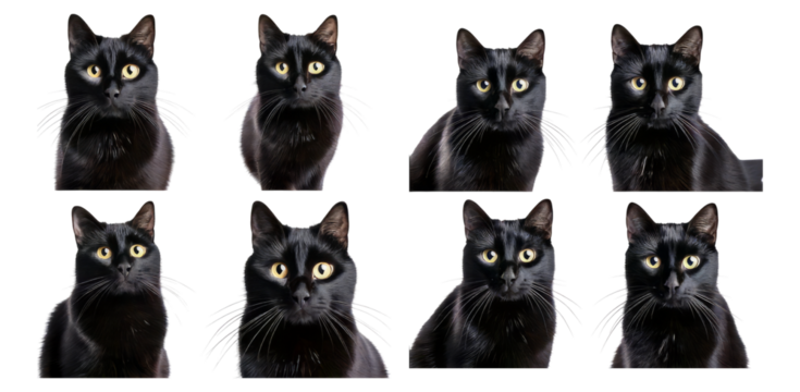 Multiple Close-up Portraits of Black Cat with Striking Eyes, Isolated on Transparent, white background