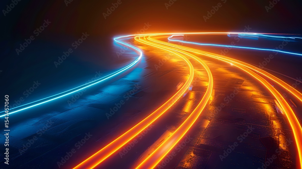 Poster glowing orange and blue light trails curve along dark highway at night creating dynamic motion effec