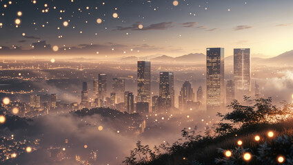Fototapeta premium Dreamy evening cityscape illuminated by golden lights and foggy atmosphere with skyscrapers in view