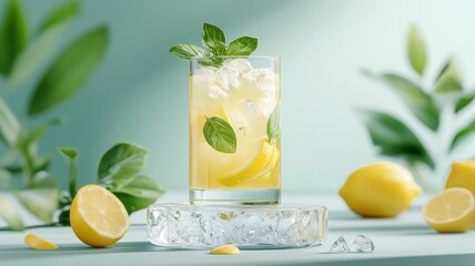 Fototapeta premium Freshly squeezed lemonade on a crystal podium adorned with gemstone accents.