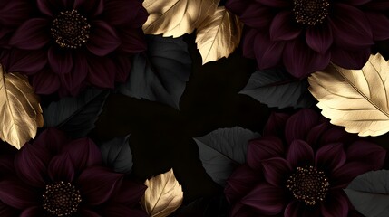 Dark Burgundy Dahlias and Gold Leaves on Black Background, flowers, dark red, red flowers, golden leaves, metallic leaves