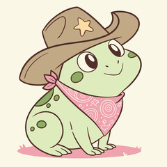 Cartoon Green Frog Wearing Cowboy Hat and Bandana Western Style Cute and Playful