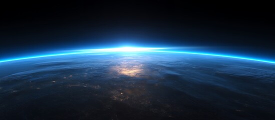 Fototapeta premium Blue glowing light on black cosmic background with Earth horizon visible, ideal for sci-fi book covers, astronomy app interfaces, and technology website banners. 
