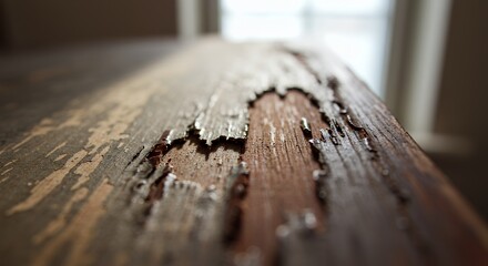 Peeling Paint Reveals Aged Wood Grain on Rustic Surface