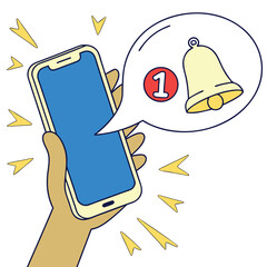 Hand Holding Smartphone with Notification Bell Icon in Speech Bubble Cartoon Style