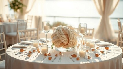 A seaside wedding table adorned with nautical theme decor, white linens, and subtle details.

