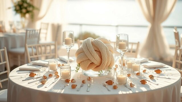 A seaside wedding table adorned with nautical theme decor, white linens, and subtle details.

