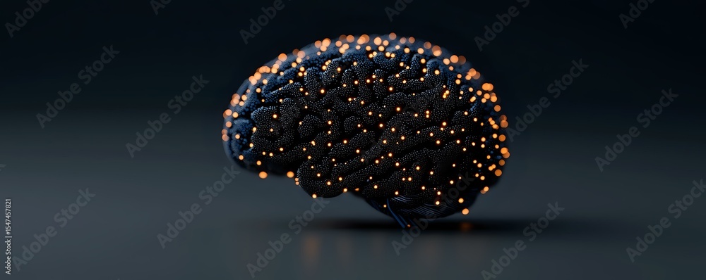 Poster glowing neural network in shape of human brain with orange light connections on dark background, rep
