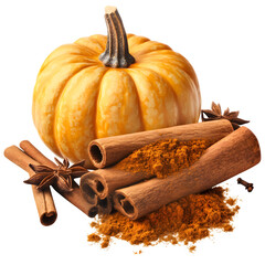 Ground cinnamon with pumpkin puree dollop, seasonal spice pairing, isolated transparent PNG