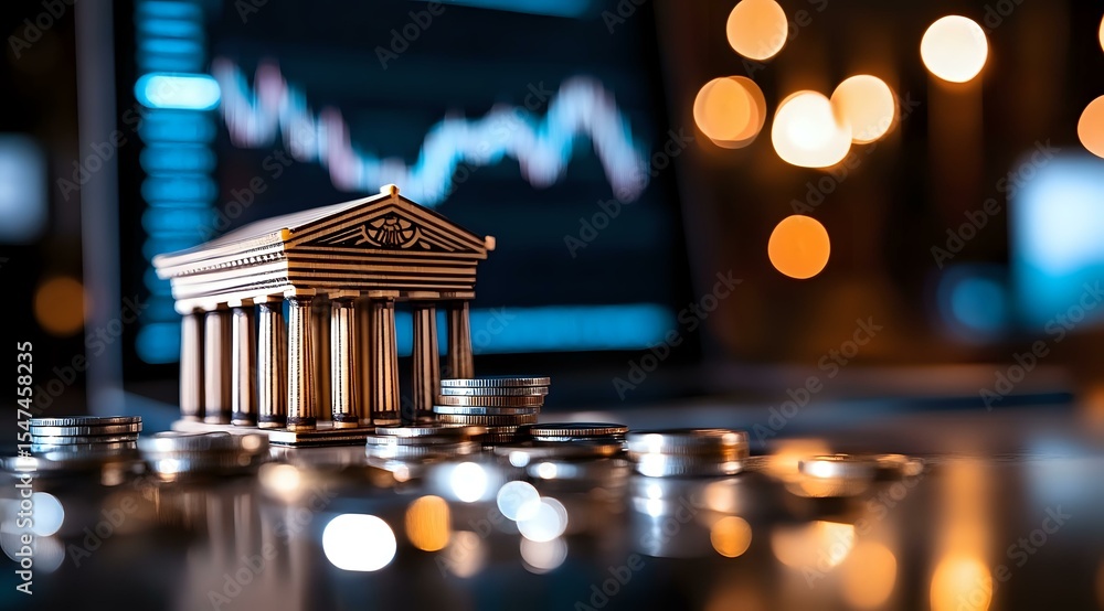 Poster miniature classical building on stack of coins against financial chart background with bokeh lights,