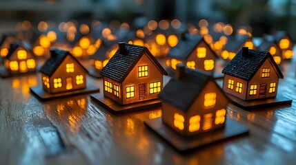 Glowing miniature houses with warm yellow lights creating cozy atmosphere on wooden surface. Decorative holiday village display for seasonal home decor.