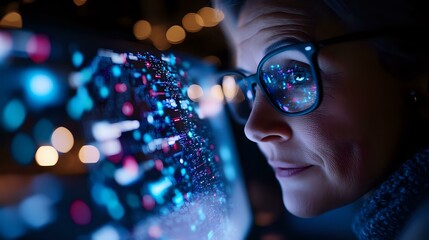 Young woman in glasses looking at glowing blue and pink particles against dark background with bokeh lights, creating magical atmosphere and wonder.