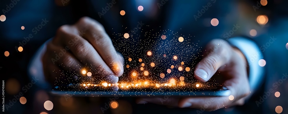 Aufkleber hands holding digital tablet with magical glowing particles and light effects emerging from screen a