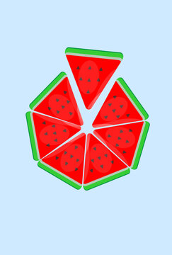 six pieces of melon from red triangles on pustel color background. Modern art minimalist style design template for sale, horizontal poster, header, cover, social media, fashion ads, games.