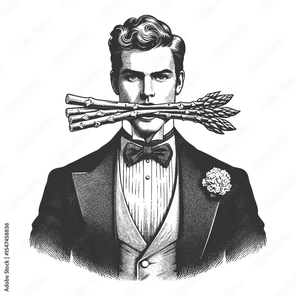 Poster man gripping asparagus stalks in his mouth sketch engraving generative ai fictional character vector