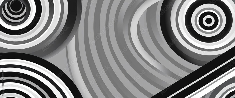 Poster abstract monochrome background with concentric striped circles in a diagonal seamless pattern, texti