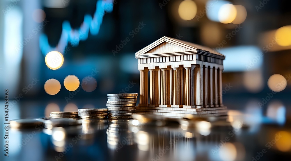Poster small model of classical bank building with columns on stack of coins against blurred financial char