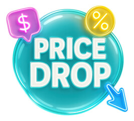Glossy teal bubble sticker with PRICE DROP in neon style, vibrant retail sale promo on transparent background.
