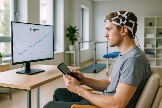 Young man using brain-computer interface with graphical progress display