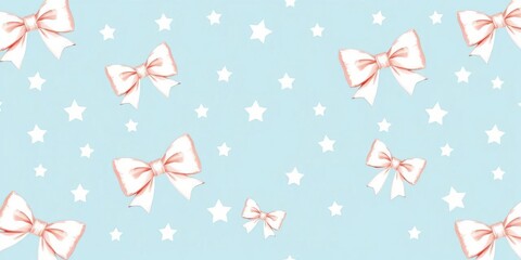 Fototapeta premium Adorable white vintage bows and stars on a soft blue background Seamless repeat pattern, retro, bow
