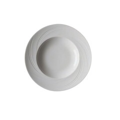 A top down view of a white ceramic bowl with a circular depression on a black background space plane