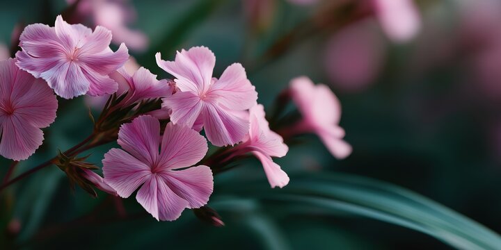 A close up of a bunch of pink flowers with green leaves. The flowers are in full bloom and the leaves are lush and green. Concept of beauty and tranquility, as the flowers are a symbol of love - Powered by Adobe
