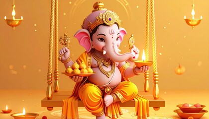 Ganesha: Golden Swing, Festive Sweets, and Warm Light
