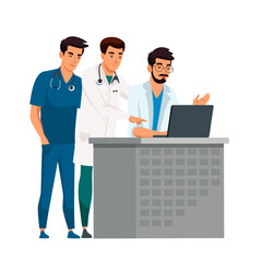 Fototapeta premium Group of doctors in medical uniforms discussing diagnosis at laptop. Healthcare professionals team working together at hospital reception. Medical consultation, clinic staff vector illustration.
