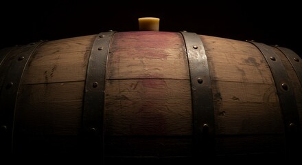 Aged Oak Wine Barrel with Bung, Dark Background, Close-Up