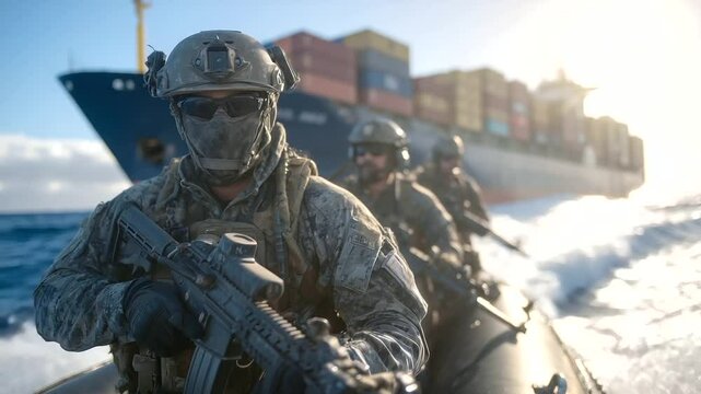 Under a radiant sky, armed soldiers clad in pristine uniforms row a small inflatable boat in unison toward a container ship, their vigilant expressions and tactical readiness servi