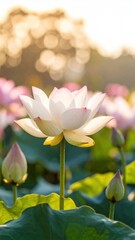 Fototapeta premium Serene lotus blossom in sunlit garden