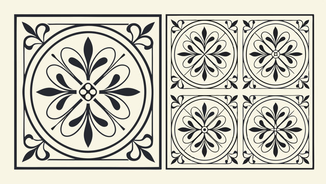 Vintage black and white decorative encaustic cement tiles with intricate floral and scrollwork patterns, perfect for classic interior design and traditional home decor.