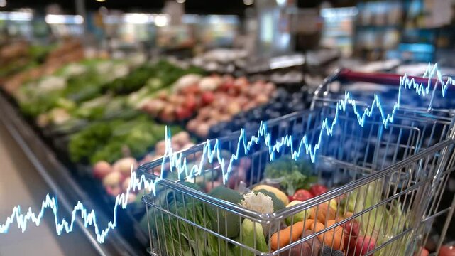 Fresh fruits and vegetables arranged aesthetically in a supermarket cart, contrasted against a transparent inflation graph projected onto the store shelves, highlighting economic c