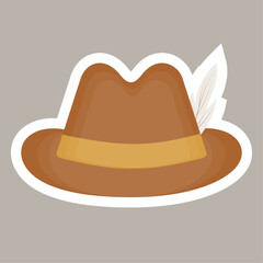 Brown felt men's hunter hat with feather with white outline on gray background. Oktoberfest sticker. Vector illustration. Square bright background. Close-up element for design decoration.