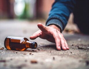 Male hand reaching for fallen bottle on outdoor pavement