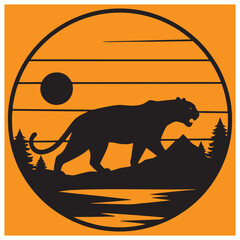 Silhouette of a panther walking in nature within a circular sunset frame