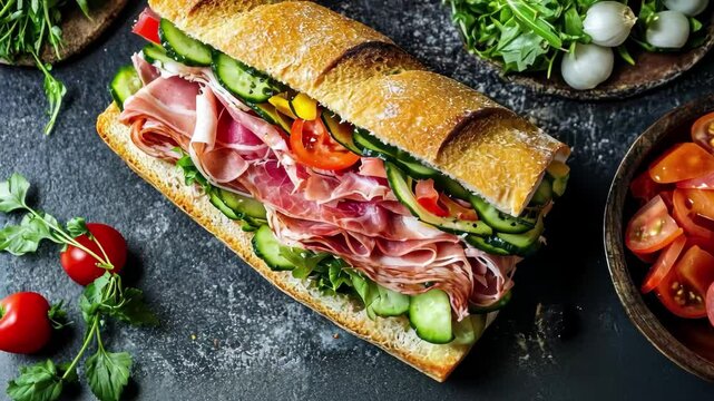 Delicious close up of a ham and fresh vegetable sandwich on a rustic table, sandwich with ham and raw vegetables, close up