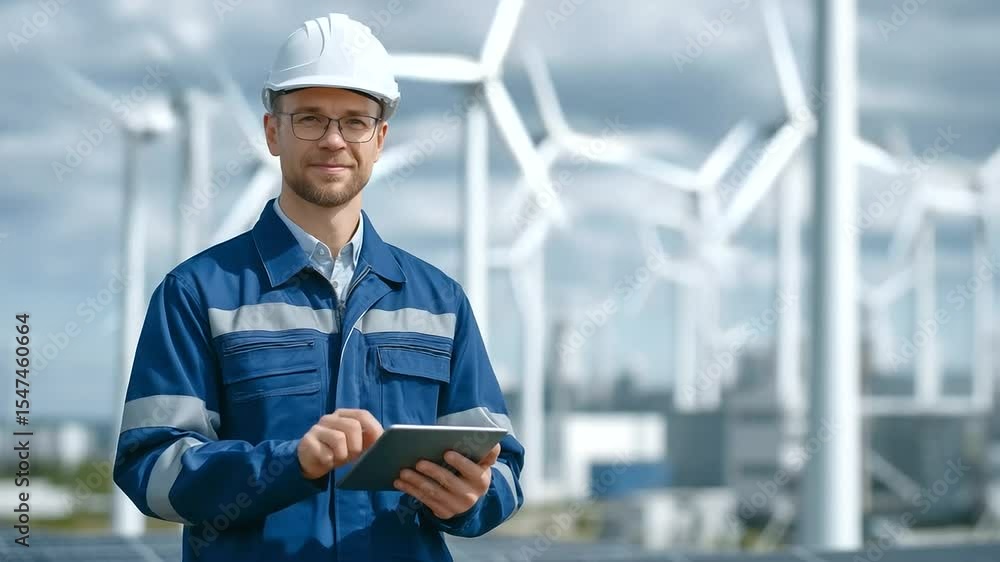 Poster engineer poses beside solar panels with tablet showing performance dashboard, massive wind turbines 