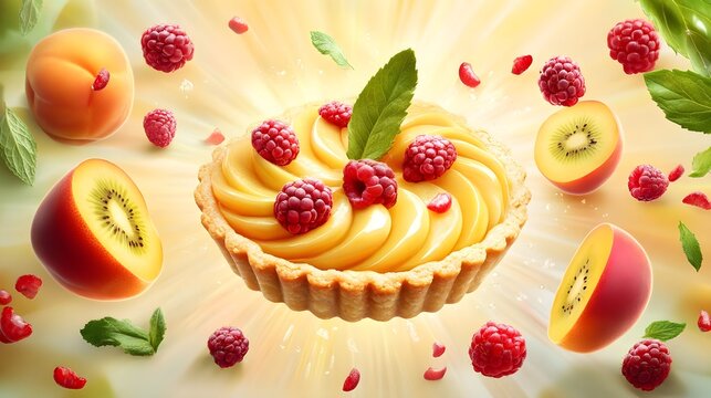Delicious Lemon Tart with Fresh Fruit, dessert, pastry, sweet, food, raspberries