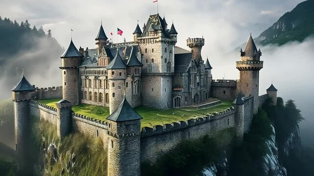 Majestic Medieval Castle on Misty Mountain Cliff. Historic Fortress Shrouded in Fog Amidst Green Peaks and Dramatic Landscape.