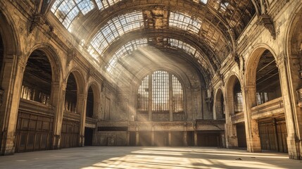 Obraz premium Sunbeams illuminate an abandoned train station