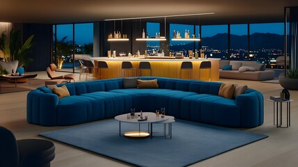 Fototapeta premium Luxury Penthouse Apartment with Night City View and Modern Furniture, sofa, sectional sofa, blue sofa, home decor, interior design