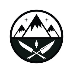 Wilderness survival badge featuring knife and compass on white background  