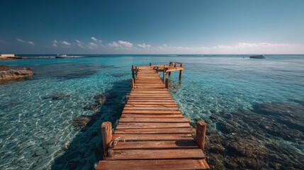 Fototapeta premium Empty tropical dock stretching into blue ocean, minimal concept