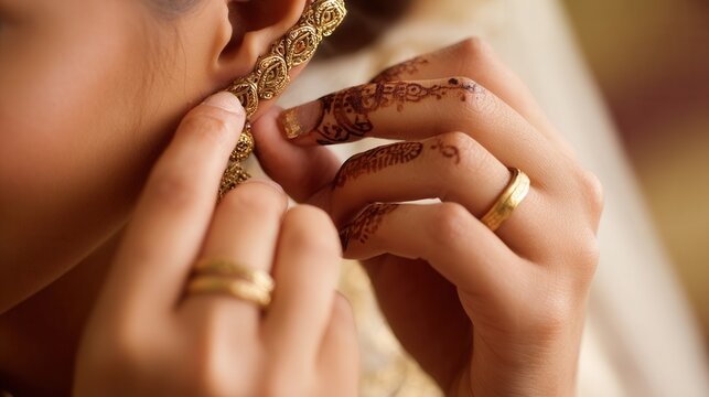Close-up of woman's hands delicately placing a gold earring, adorned with intricate detailing, against her earlobe; henna-decorated fingers add cultural richness to the image, creating