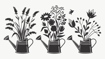 Garden Watering Cans with Flowers and Plants Silhouette Illustration. Nature and Spring Gardening Floral Set